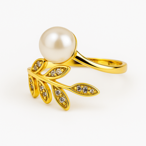 Echilibrare Energetica - Inel cu perla naturala si frunza aurie – Eleganta care infloreste