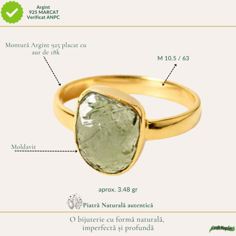 Inel cu Moldavit Natural si Argint 925 Placat Aur 18K, M10.5/63 - Energie Universala [3]