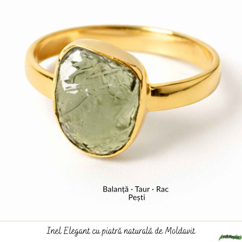 Inel cu Moldavit Natural si Argint 925 Placat Aur 18K, M10.5/63 - Energie Universala [4]