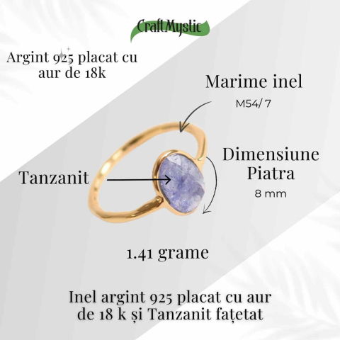 Inel cu Tanzanit Fatetat din Argint 925 placat cu Aur de 18K 1.53 gr M53/6.5 – Claritate Mentala si Activare Spirituala [1]