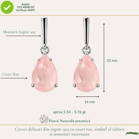 Cercei Argint 925 cu Cuart Roz Lacrima – Iubire si Echilibru Emotional [3]