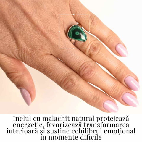 Inel din Argint 925 cu Malachit Natural 7.36 gr M52/6–Protectie Energetica si Echilibru Emotional in Timpul Transformarilor Interioare [1]