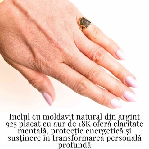 Inel din argint 925 cu Moldavit placat cu Aurit  de 2.74gr 18k 46 (EU) / 4.5 (US)– Energia Metamorfozei Spirituale [1]