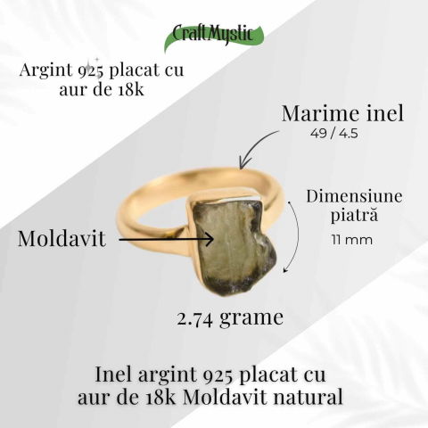 Inel din argint 925 cu Moldavit placat cu Aurit  de 2.74gr 18k 46 (EU) / 4.5 (US)– Energia Metamorfozei Spirituale [3]