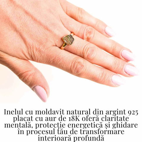 Inel cu Moldavit din Argint 925 placat cu Aur de 18K 2.75 gr 58.5 (EU) / 9 (US)– Piatra transformarii si evolutiei spirituale [1]