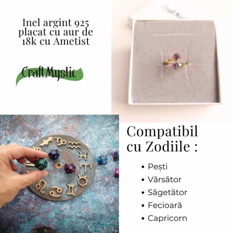 Inel Argint 925 placat cu Aur 18K si Dublu Ametist – Calm si Protectie Energetica [4]