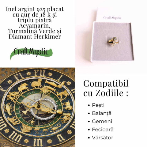 Inel din Argint 925 placat cu Aur de 18K cu Acvamarin, Diamant Herkimer si Turmalina Verde 3.92 gr M55 / 7– Claritate, Vitalitate si Protectie Energetica [3]