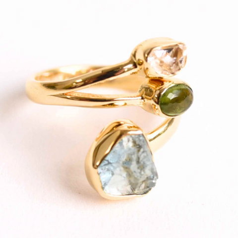 Inel din Argint 925 placat cu Aur de 18K cu Acvamarin, Diamant Herkimer si Turmalina Verde 3.92 gr M55 / 7– Claritate, Vitalitate si Protectie Energetica [0]