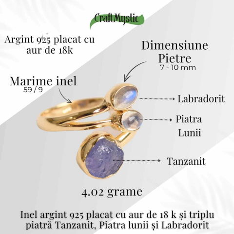 Inel din Argint 925 placat cu Aur de 18K cu Tanzanit, Piatra Lunii si Labradorit 4.02gr M59 / 9– Intuitie, Transformare si Lumina Interioara [3]