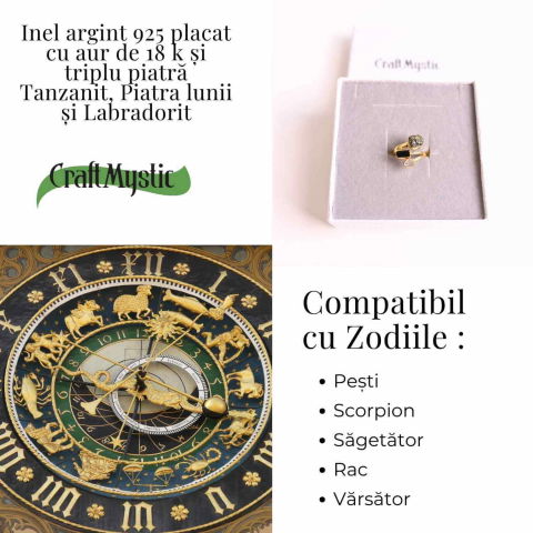 Inel din Argint 925 placat cu Aur de 18K cu Tanzanit, Piatra Lunii si Labradorit 4.02gr M59 / 9– Intuitie, Transformare si Lumina Interioara [4]