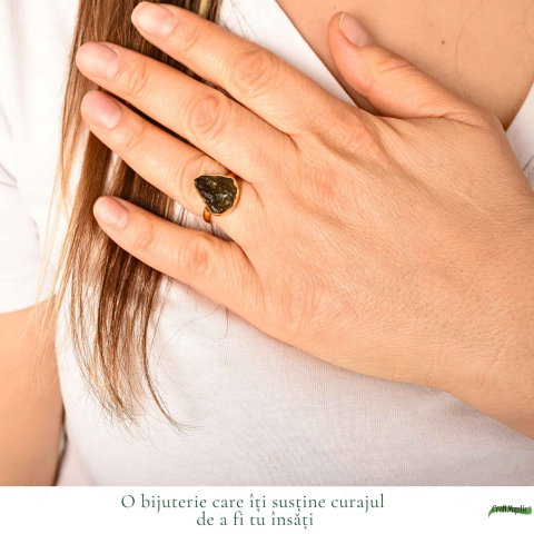 Inel cu Piatra Moldavit Verde, Argint 925 Placat Aur 18K, M7/54 -  Echilibru si Evolutie [1]