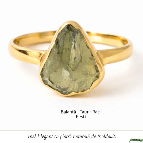 Inel cu Piatra Moldavit Verde, Argint 925 Placat Aur 18K, M7/54 -  Echilibru si Evolutie [4]