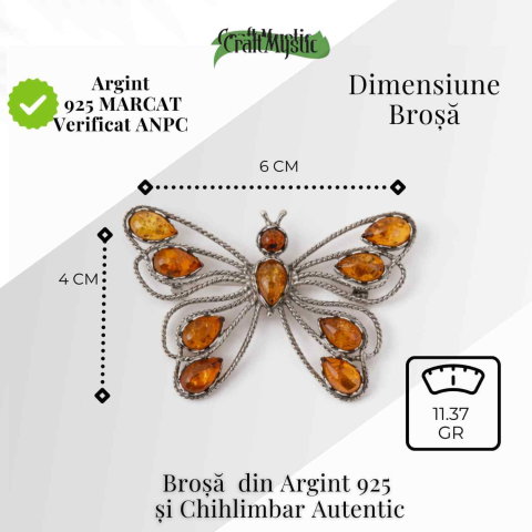 Brosa din chihlimbar forma de fluture si argint 925 — adauga caldura si rafinament tinutei tale [2]