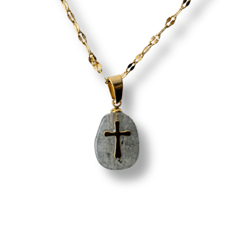 Dragoste si relatii - Colier Otel Inoxidabil Auriu cu Labradorit si Cruce – Protectie Divina si Lumina Interioara