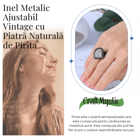 Inel Vintage Ajustabil cu Piatra de Pirita pentru Succes [5]