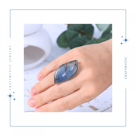 Inel argintiu ajustabil cu Labradorit design frunza, pentru protectie si intuitie [2]