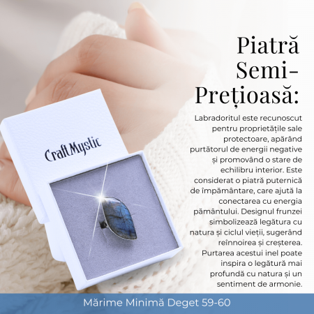 Inel argintiu ajustabil cu Labradorit design frunza, pentru protectie si intuitie [6]