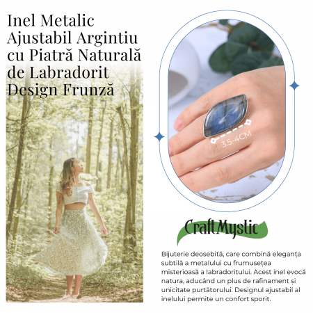 Inel argintiu ajustabil cu Labradorit design frunza, pentru protectie si intuitie [4]