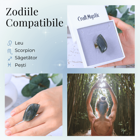 Inel auriu ajustabil cu Labradorit design frunza, pentru protectie si intuitie [4]