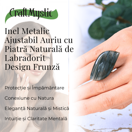 Inel auriu ajustabil cu Labradorit design frunza, pentru protectie si intuitie [2]
