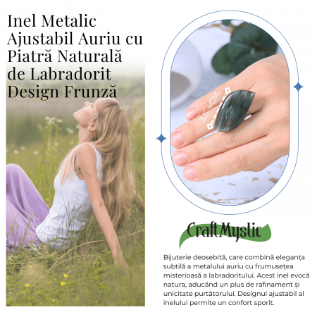 Inel auriu ajustabil cu Labradorit design frunza, pentru protectie si intuitie [3]