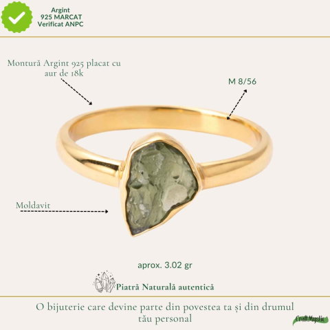 Inel Elegant cu Moldavit Brut – Argint 925 Placat cu Aur 18K, M8/56 - Transformare si Protectie [3]