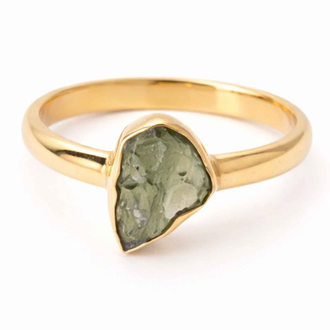 Bijuterii Semiprețioase - Inel Elegant cu Moldavit Brut – Argint 925 Placat cu Aur 18K, M8/56 - Transformare si Protectie