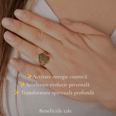 Inel cu Moldavit Natural si Argint 925 Placat cu Aur 18K, M8.5/58- Trezire Spirituala [2]