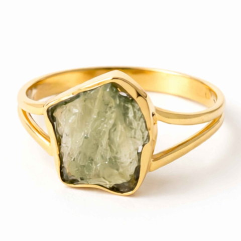 Echilibrare Energetica - Inel cu Moldavit Natural si Argint 925 Placat cu Aur 18K, M8.5/58- Trezire Spirituala