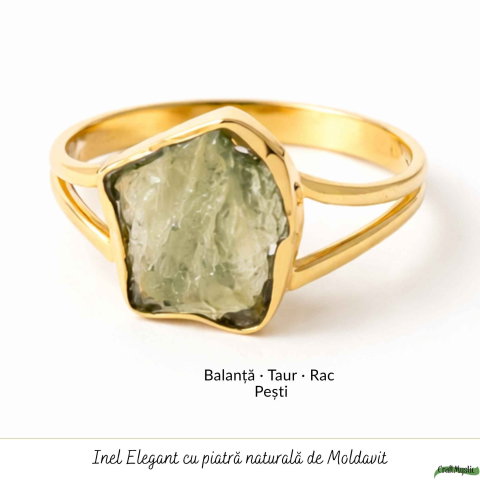 Inel cu Moldavit Natural si Argint 925 Placat cu Aur 18K, M8.5/58- Trezire Spirituala [4]