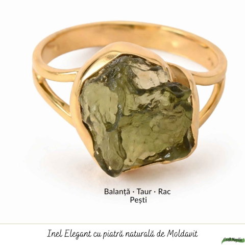 Inel elegant cu Moldavit Brut – Argint 925 Placat Aur 18K, M9.5/61- Protectie si Crestere Interioara [4]