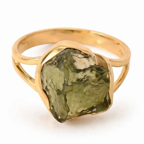 Echilibrare Energetica - Inel elegant cu Moldavit Brut – Argint 925 Placat Aur 18K, M9.5/61- Protectie si Crestere Interioara