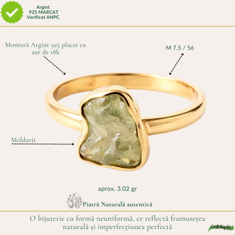 Inel moldavit brut natural si argint 925 placat cu aur de 18k, M7.5/56 – energie autentica si transformare profunda [3]