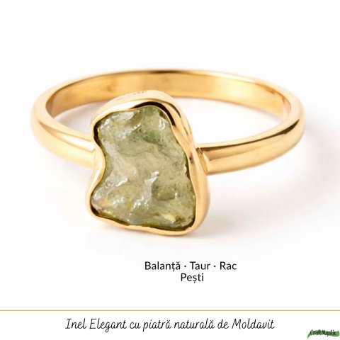 Inel moldavit brut natural si argint 925 placat cu aur de 18k, M7.5/56 – energie autentica si transformare profunda [4]