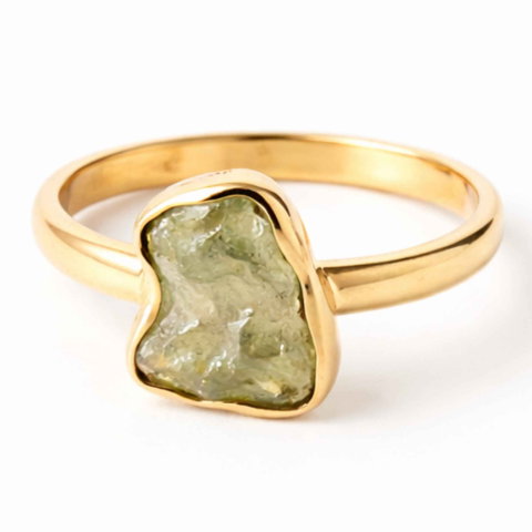 Echilibrare Energetica - Inel moldavit brut natural si argint 925 placat cu aur de 18k, M7.5/56 – energie autentica si transformare profunda