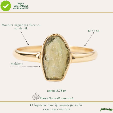 Inel argint 925 placat cu aur de 18k si moldavit natural brut, M7/54 – transformare profunda si energie autentica [3]