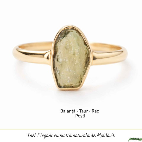 Inel argint 925 placat cu aur de 18k si moldavit natural brut, M7/54 – transformare profunda si energie autentica [4]