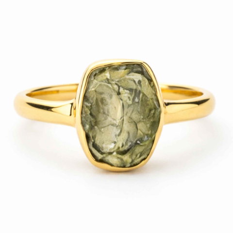 Echilibrare Energetica - Inel moldavit brut si argint placat cu aur d e18k, M6/51 – transformare si energie autentica