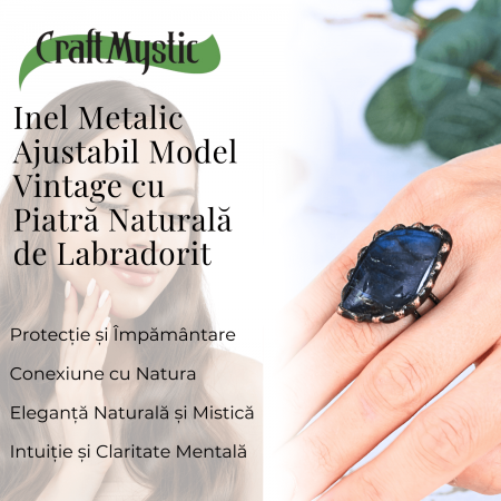 Inel vintage ajustabil cu Labradorit natural forma neregulata, pentru protectie si intuitie [2]