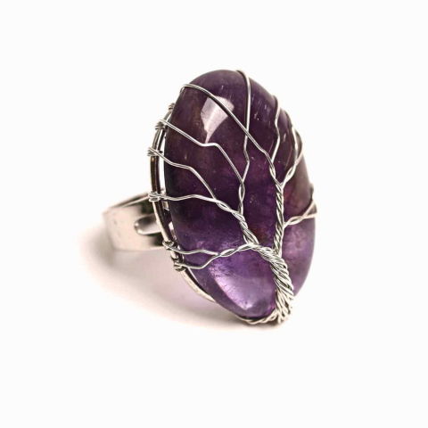 Pesti - Inel Reglabil cu Ametist si Model Arborele Vietii - Energie si Echilibru