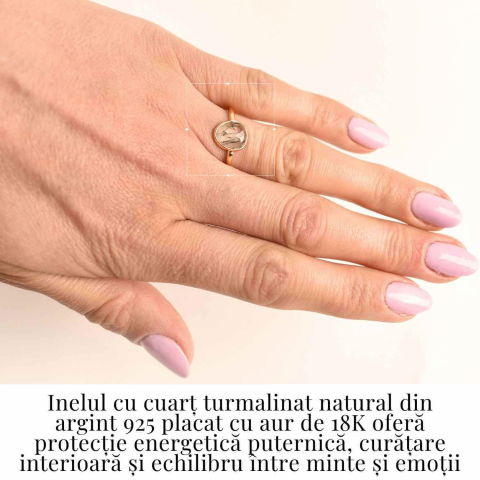 Inel cu Cuart Turmalinat Fatetat din Argint 925 placat cu Aur de 18K – Protectie Energetica si Claritate Interioara [2]