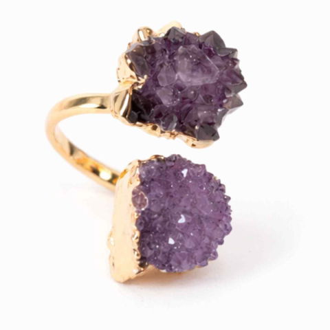 Bijuterii Semiprețioase - Inel usor Reglabil Auriu cu Dublu Ametist Natural Brut – Claritate Mentals si Echilibru Emotional