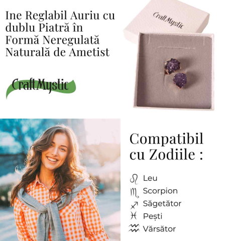 Inel usor Reglabil Auriu cu Dublu Ametist Natural Brut – Claritate Mentals si Echilibru Emotional [3]