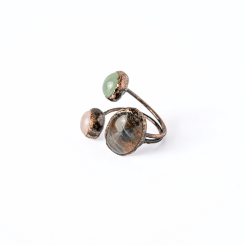 Inel reglabil din cupru cu Labradorit, Cuart Roz si Aventurin Verde natural – Armonie, iubire si prosperitate [8]