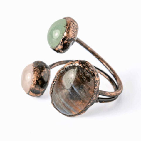 Cuart roz - Inel reglabil din cupru cu Labradorit, Cuart Roz si Aventurin Verde natural – Armonie, iubire si prosperitate