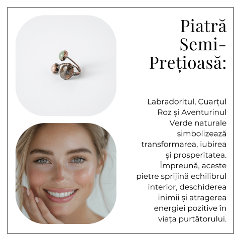 Inel reglabil din cupru cu Labradorit, Cuart Roz si Aventurin Verde natural – Armonie, iubire si prosperitate [5]
