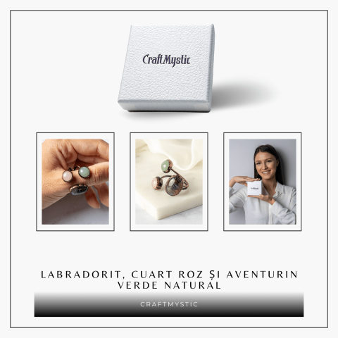 Inel reglabil din cupru cu Labradorit, Cuart Roz si Aventurin Verde natural – Armonie, iubire si prosperitate [7]