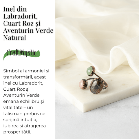 Inel reglabil din cupru cu Labradorit, Cuart Roz si Aventurin Verde natural – Armonie, iubire si prosperitate [2]