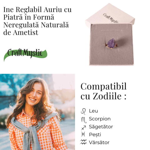 Inel usor Reglabil Auriu cu Ametist Natural Brut – Claritate Mentala si Protectie Energetica [4]