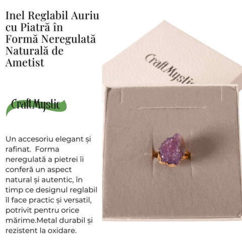 Inel usor Reglabil Auriu cu Ametist Natural Brut – Claritate Mentala si Protectie Energetica [2]